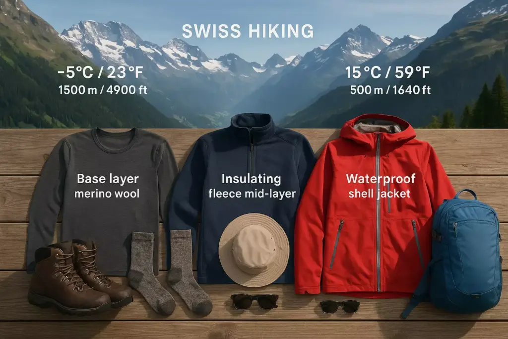 Hiking gear on a wooden bench with mountains behind: boots, wool socks, layers, jacket, hat, glasses, backpack.
