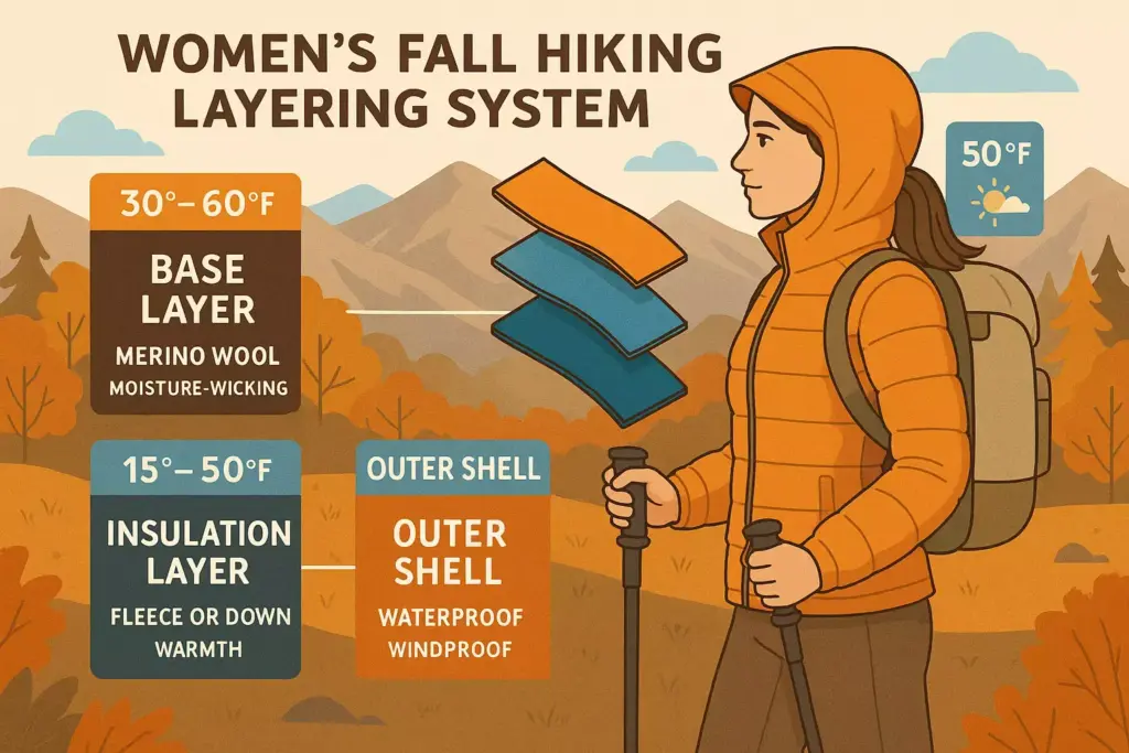 A woman in fall hiking gear is shown with labeled base, insulation, and outer layers in autumn scenery.
