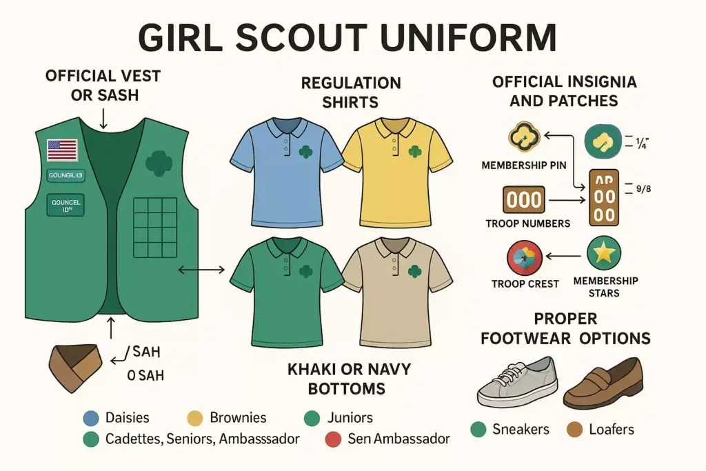 Illustration of Girl Scout uniforms with shirts, vest, sash, insignia, khaki/navy bottoms, and footwear options.