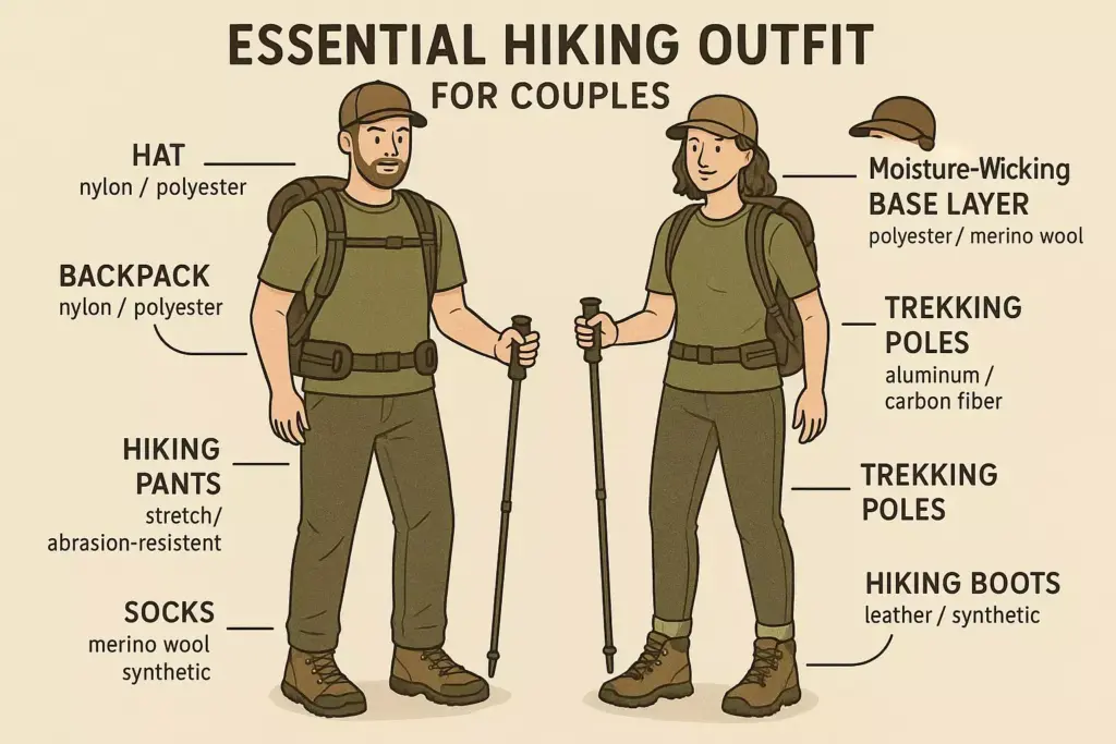 Illustration of a couple wearing essential hiking gear, with labels for hat, backpack, pants, boots, and more.