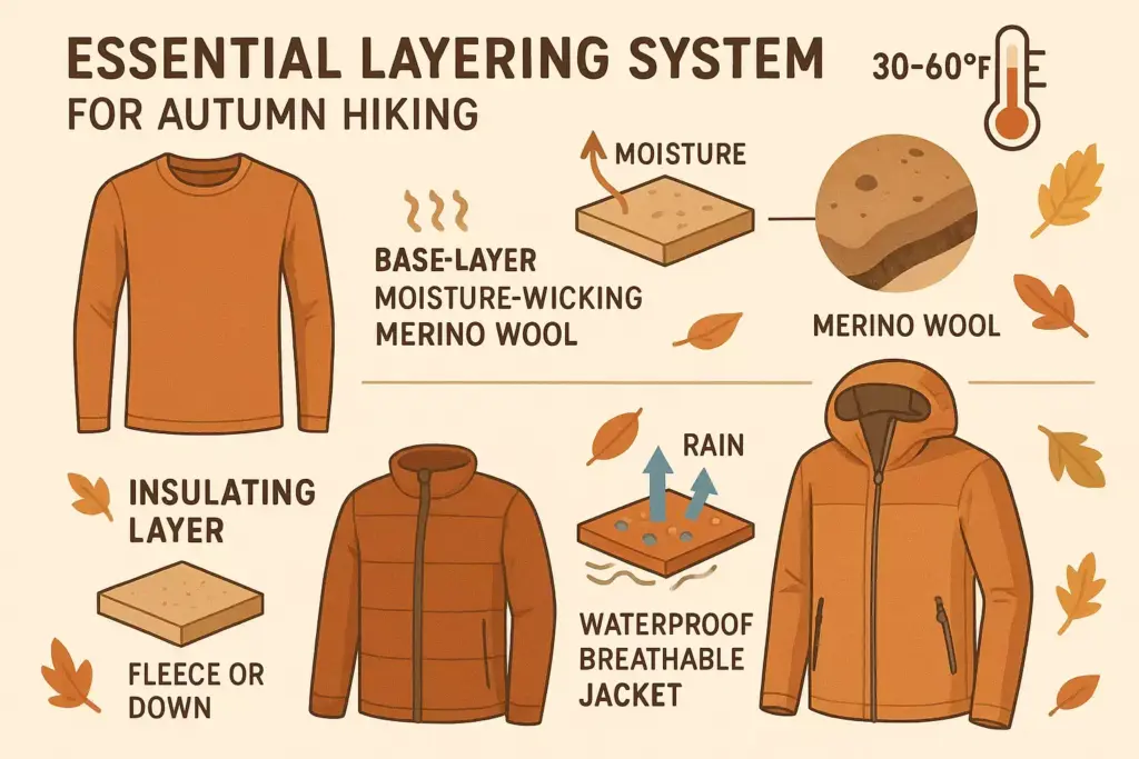 Illustration of autumn hiking layers: merino wool base, fleece/down mid-layer, waterproof jacket, and weather icons.