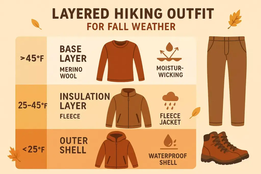 Infographic showing layered hiking outfits for fall: base, insulation, and outer shell for different temperatures.