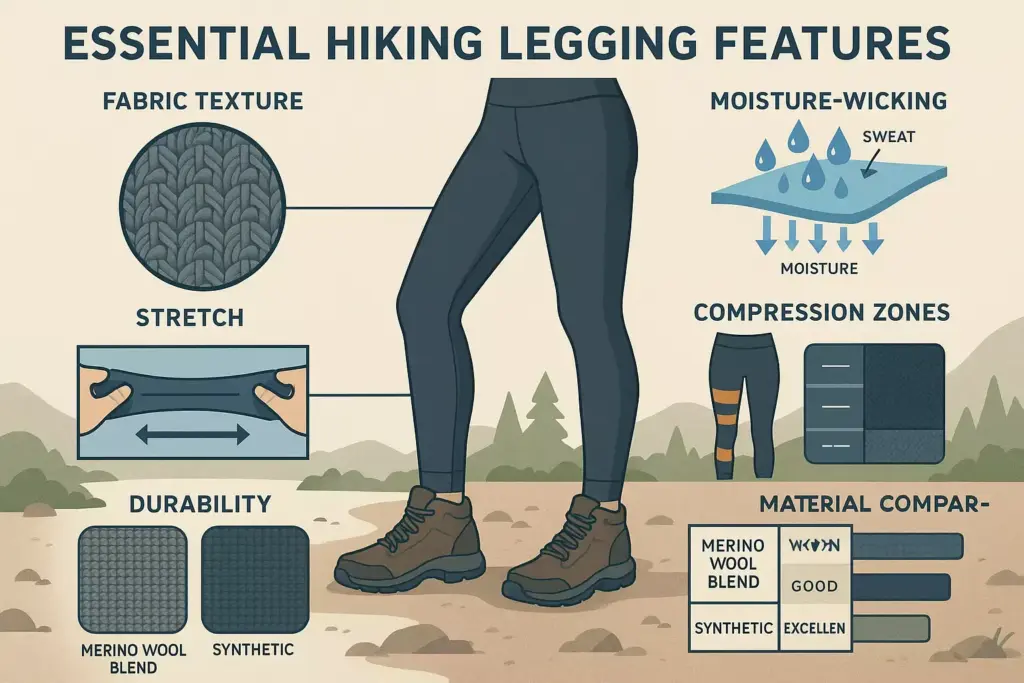Infographic of hiking leggings showing features: fabric texture, stretch, durability, moisture-wicking, and materials.