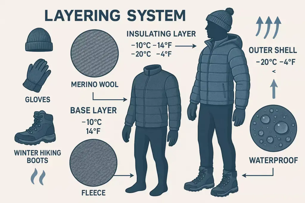 Diagram showing winter layering: gloves, boots, fleece base, merino wool, puffy jacket, hat, and waterproof shell.