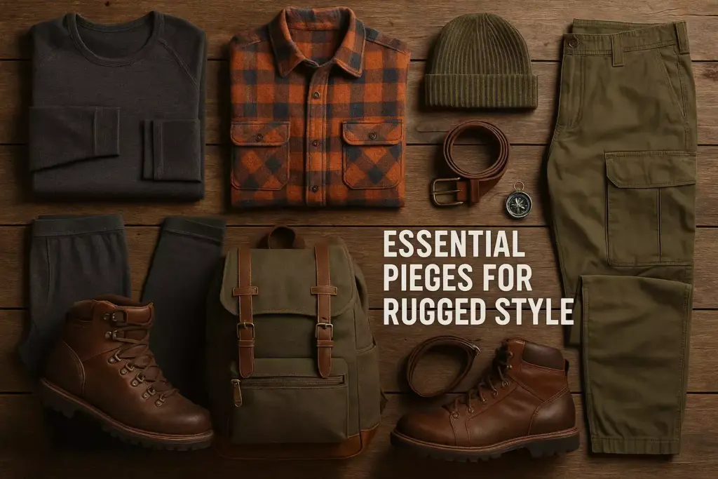 Flat lay of rugged men’s clothing, boots, backpack, and accessories with the text “Essential pieces for rugged style.”.