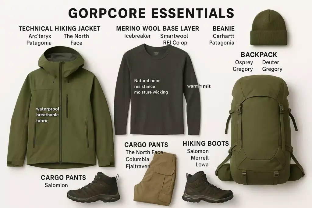Flat lay of green outdoor gear: jacket, boots, cargo pants, sweater, beanie, and backpack labeled with brands.