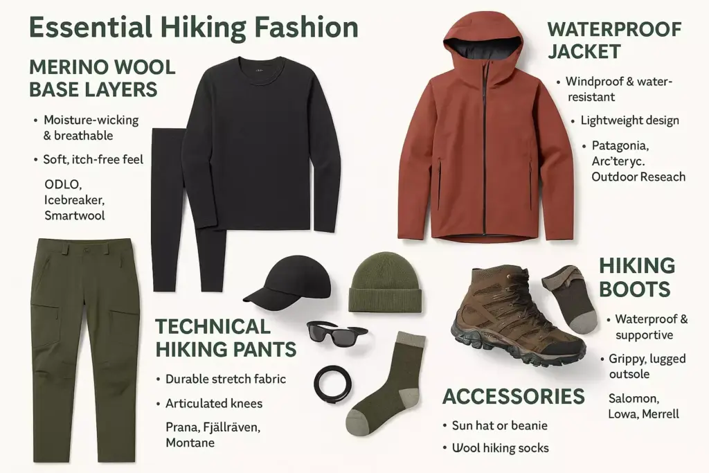 Flat lay of essential hiking clothing and gear, including jacket, base layers, pants, boots, hat, and accessories.