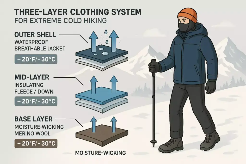Illustration of a three-layer clothing system for extreme cold hiking, with labeled clothing layers and a hiker.