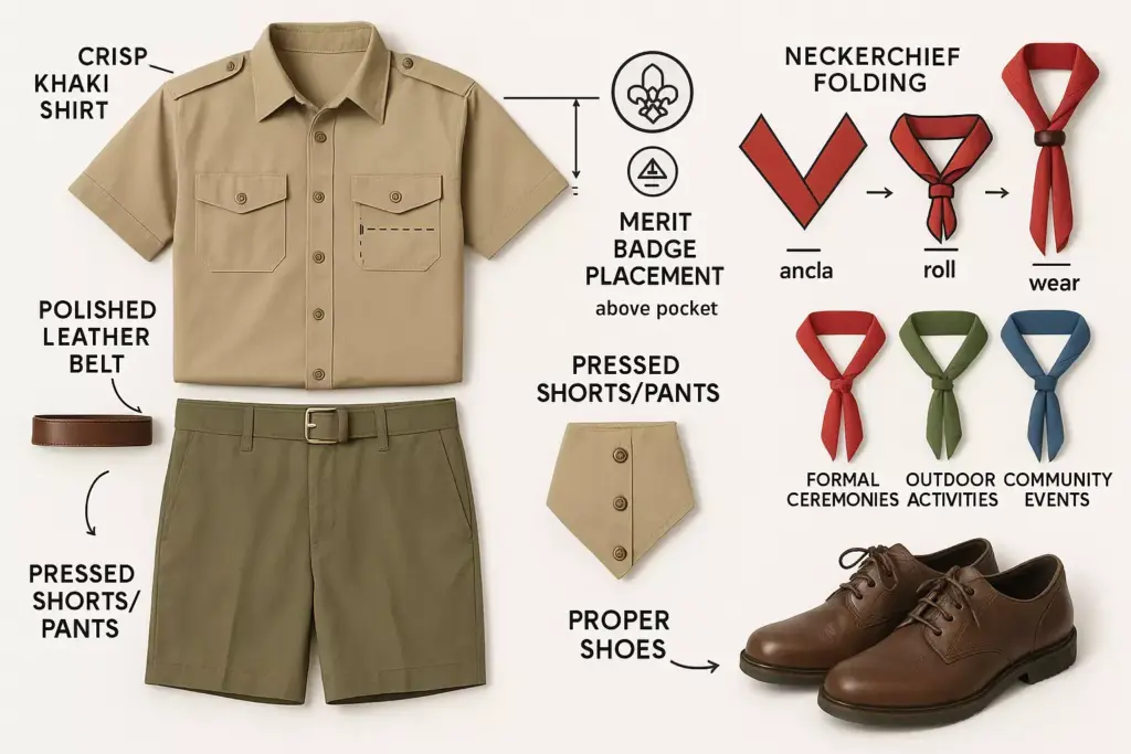A khaki scout uniform with shorts, shirt, belt, shoes, and neckerchiefs for various occasions.