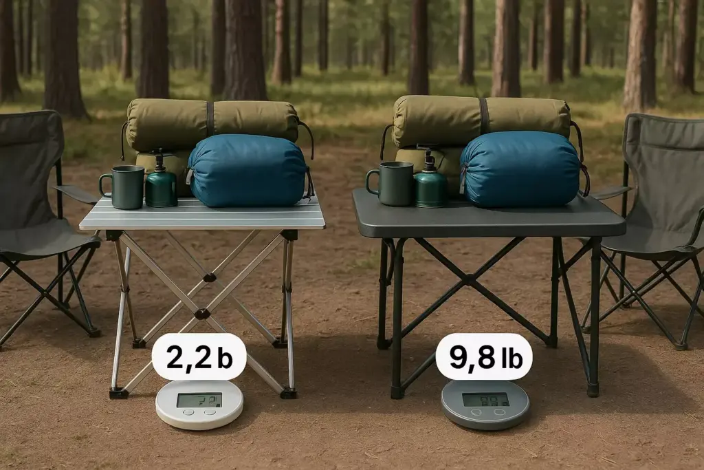 Two camping tables side by side with gear on top; one set weighs 2.2 lb, the other 9.8 lb.