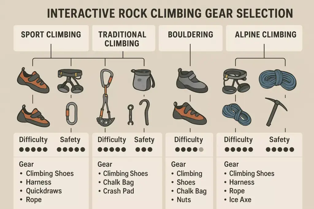 Infographic comparing gear, difficulty, and safety for sport, traditional, bouldering, and alpine climbing.