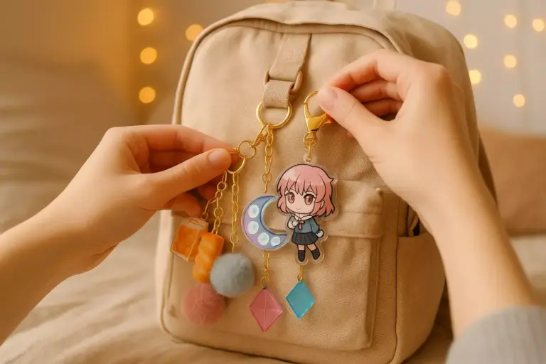 Hands attaching colorful keychains, including an anime character, to a beige backpack with string lights in background.