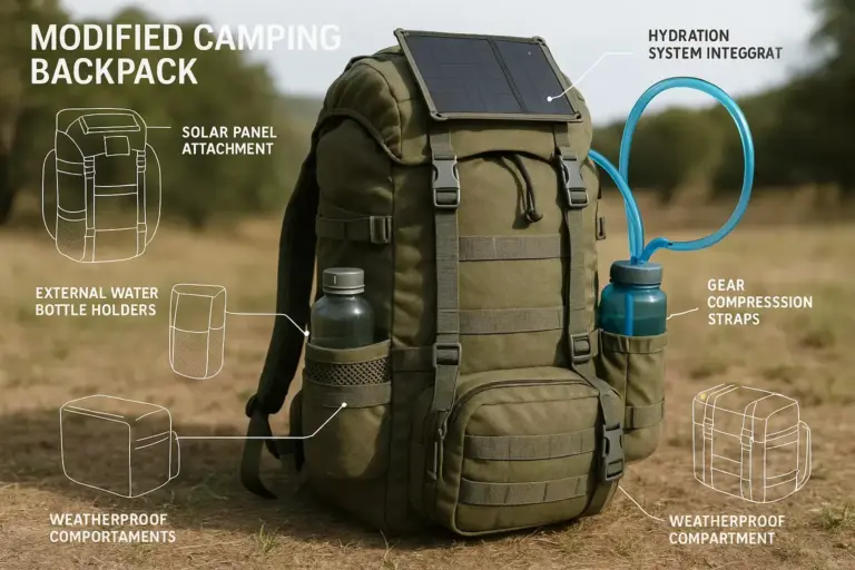 Olive green camping backpack with solar panel, water bottles, hydration tube, and labeled compartments outdoors.