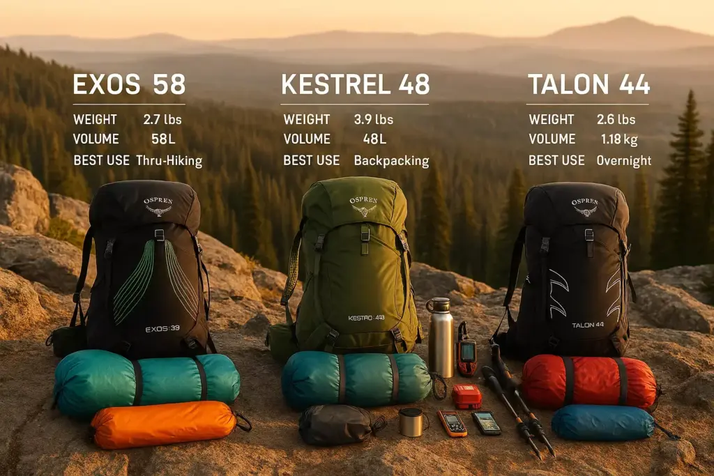 Three hiking backpacks with gear displayed in front, set on a rocky overlook at sunset with a forest view.