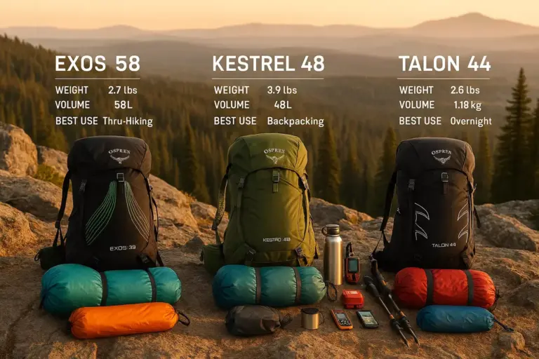Three hiking backpacks with gear displayed in front, set on a rocky overlook at sunset with a forest view.