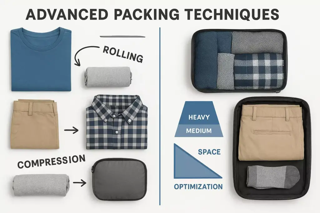 Clothes are shown rolled and compressed for packing, with optimization tips for space and organization.