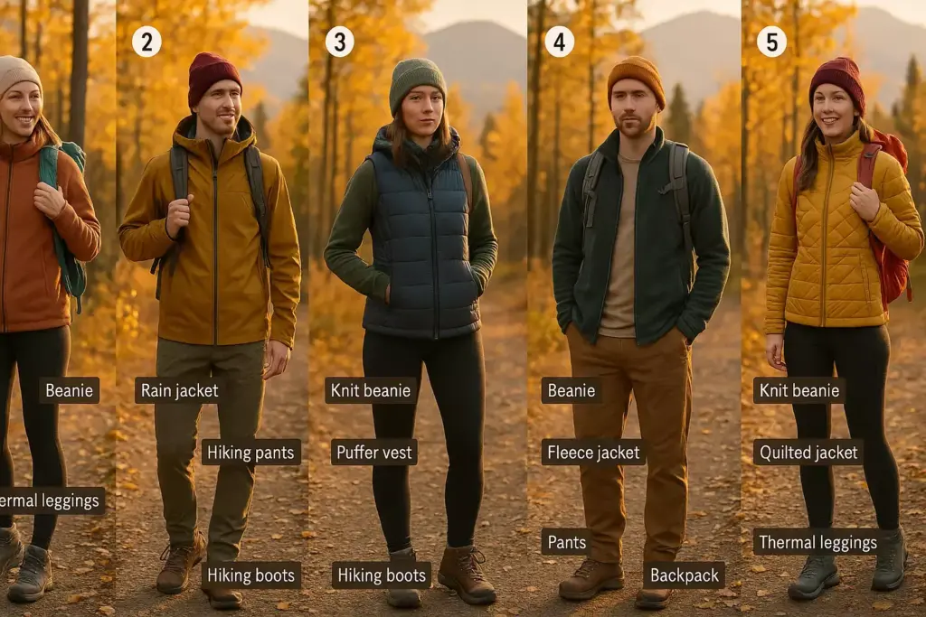 Five hikers stand outdoors in autumn attire, each labeled with their clothing and gear against a fall forest backdrop.