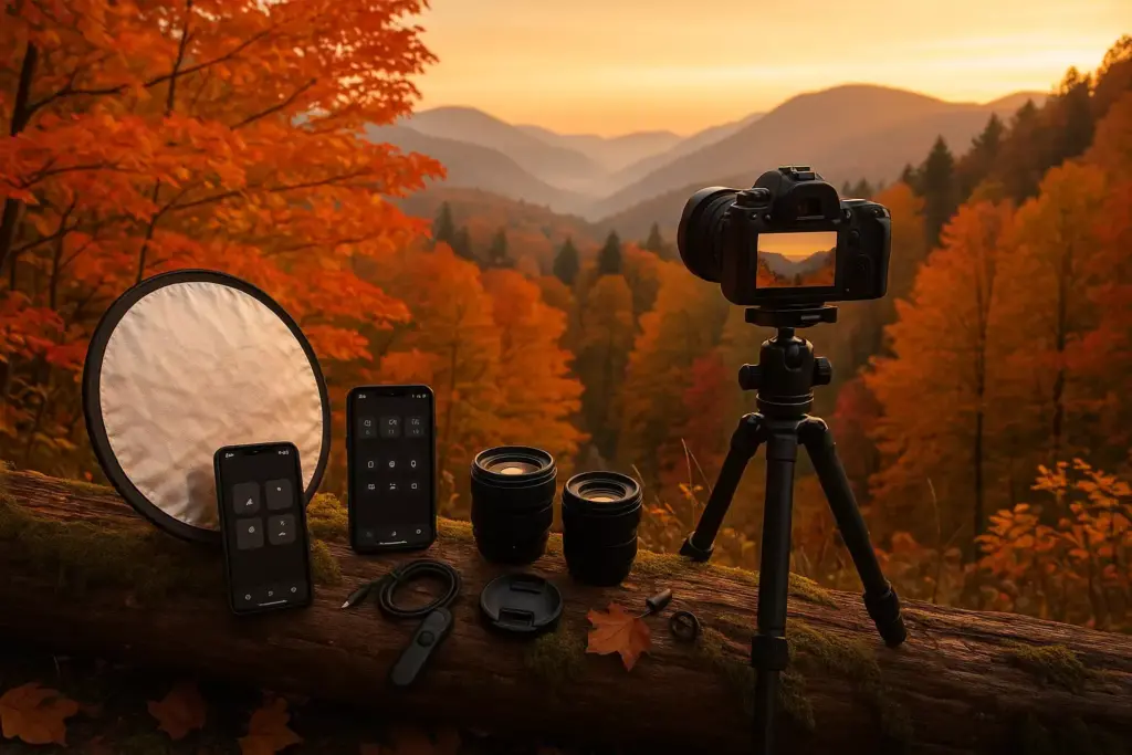 Camera gear and phones on a log with autumn trees and mountains at sunset in the background.