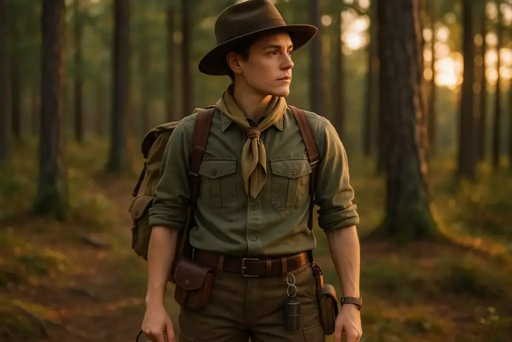 Person in vintage scout uniform stands in a sunlit forest, wearing a hat and backpack, looking to the side.