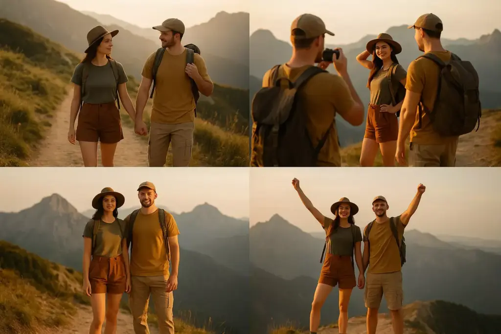 A couple hiking in the mountains, posing, holding hands, and celebrating at sunset.
