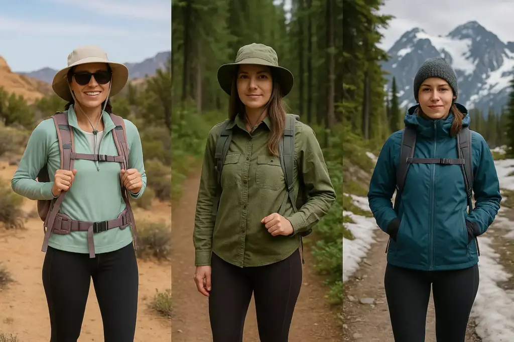 Three women in outdoor clothing and hats stand on different nature trails with mountains and trees in the background.