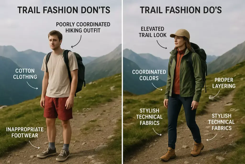 Split image: Left—man in casual clothes labeled donts; Right—woman in layered, technical gear labeled dos for trails.
