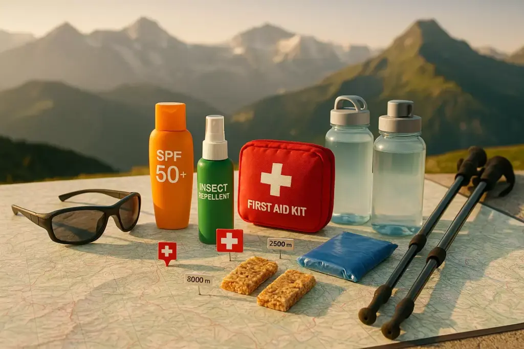 Hiking essentials on a map: sunscreen, insect repellent, first aid kit, snacks, water, sunglasses, and poles.