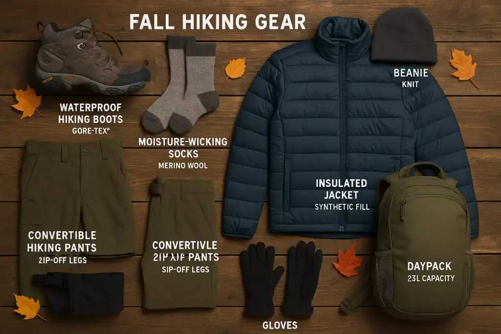 Flat lay of fall hiking gear: boots, socks, jacket, hat, shorts, pants, gloves, and a green daypack on wood.
