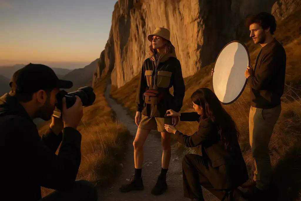 A photographer shoots a model outdoors at sunset, with a crew adjusting her outfit and holding a reflector.