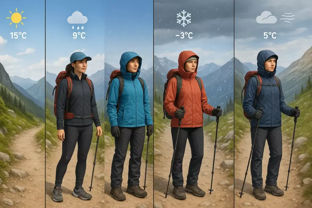 Two hikers dressed for sunny, rainy, snowy, and windy weather on a mountain trail, with temperatures shown.