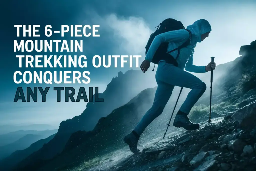A Trekker In Action Wearing The Full Layered Outfit On A Misty Mountain Trail