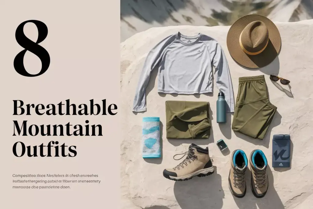 Breathable Hiking Gear Arranged On Rock With Mountain Backdrop In Soft Light
