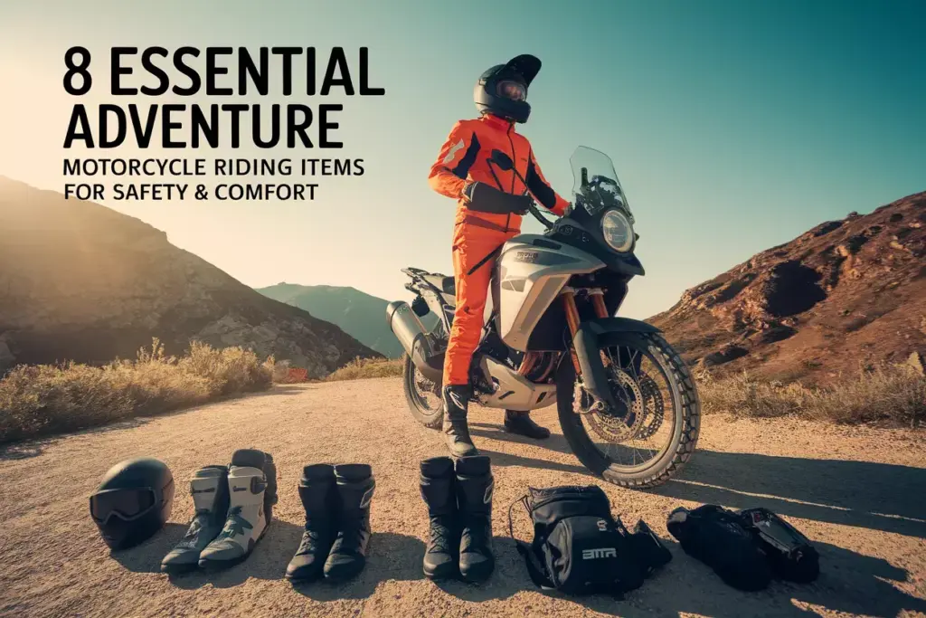 Essential Adventure Motorcycle Gear Items Displayed On Mountain Trail Backdrop