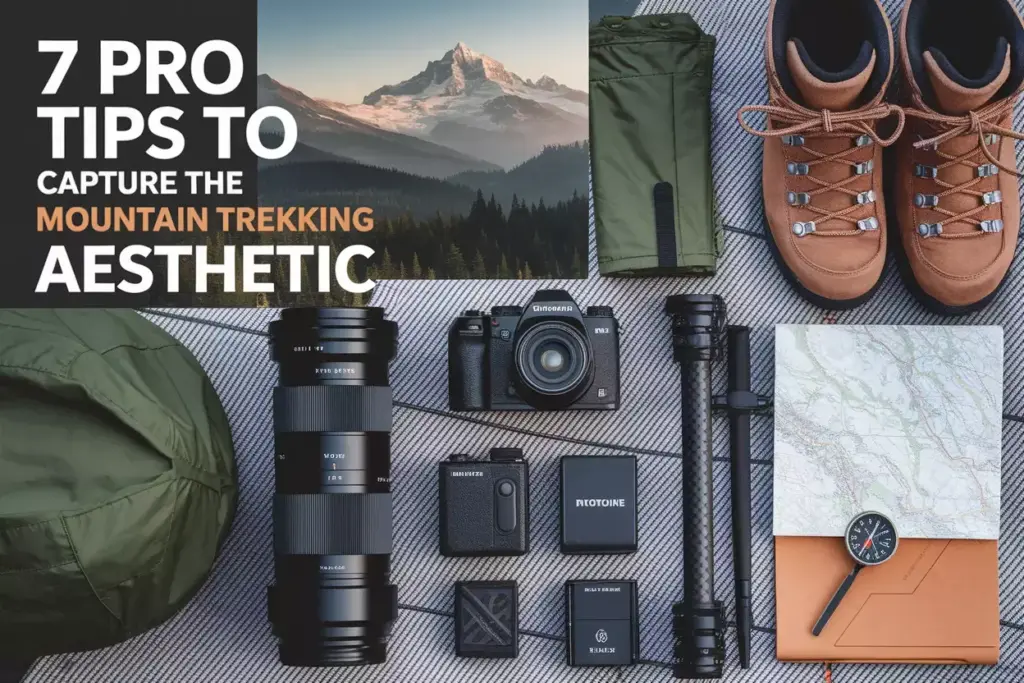 Essential Mountain Photography Gear Flat Lay On Textured Blanket With Scenic Backdrop