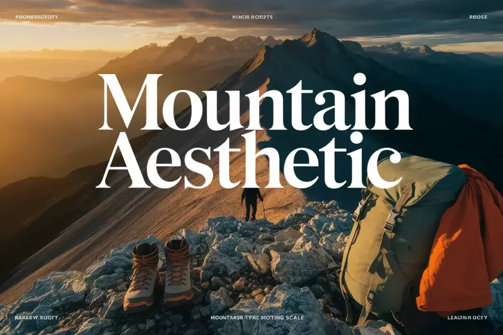 Golden Hour Mountain Summit With Hiker Silhouette And Earth Tone Gear Layered Composition