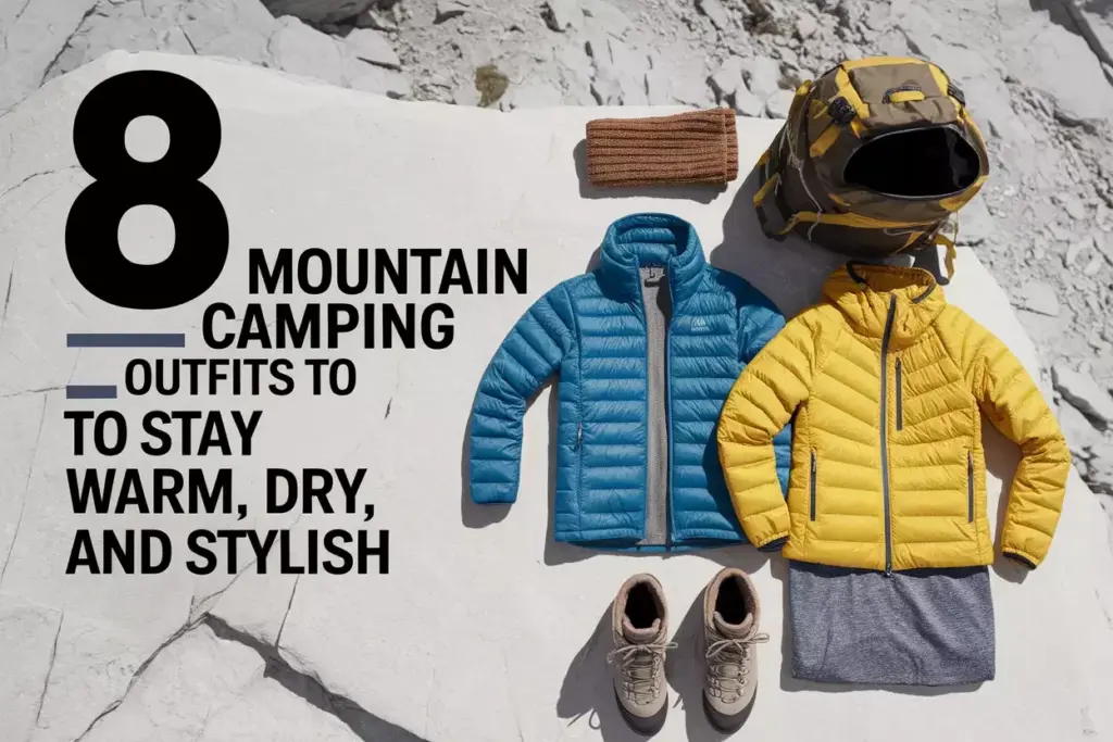 Mountain Camping Gear Layered On Rocks With Scenic Alpine Backdrop And Text Space