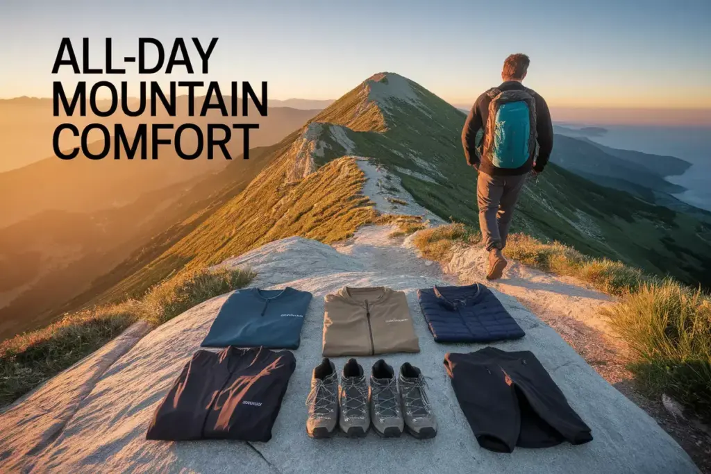 Mountain Hiker Layered Gear System Arranged On Rock At Sunrise Trailhead