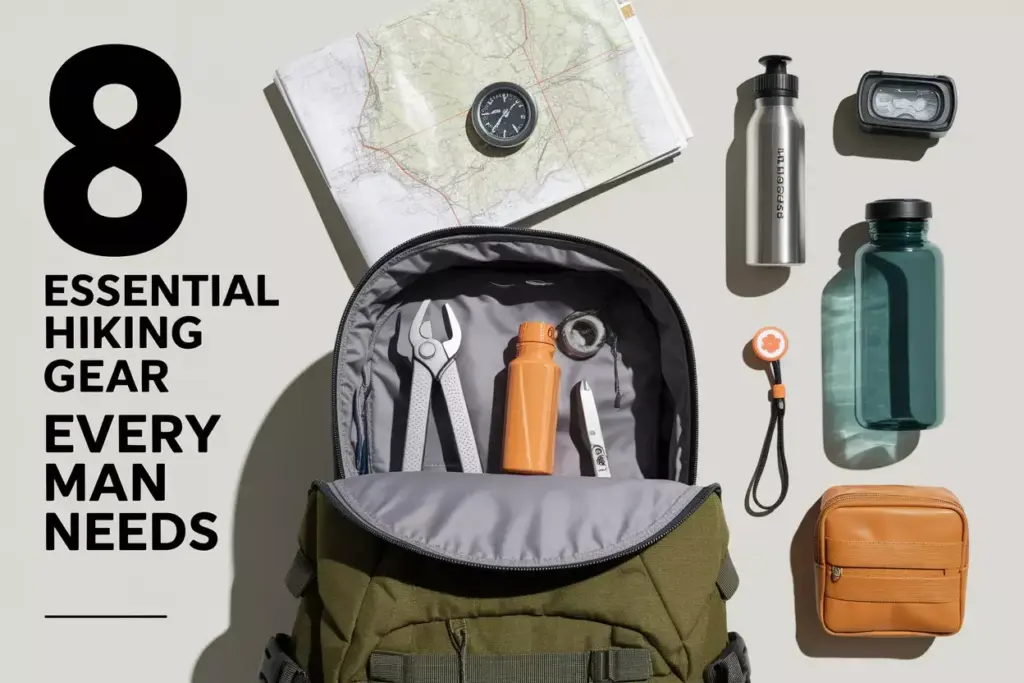 Open Hiking Backpack Showcasing Organized Essential Gear For Preparedness On Wooden Surface