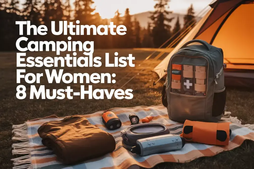 Organized Camping Gear For Women At Sunset In Forest With Backpack And Essentials