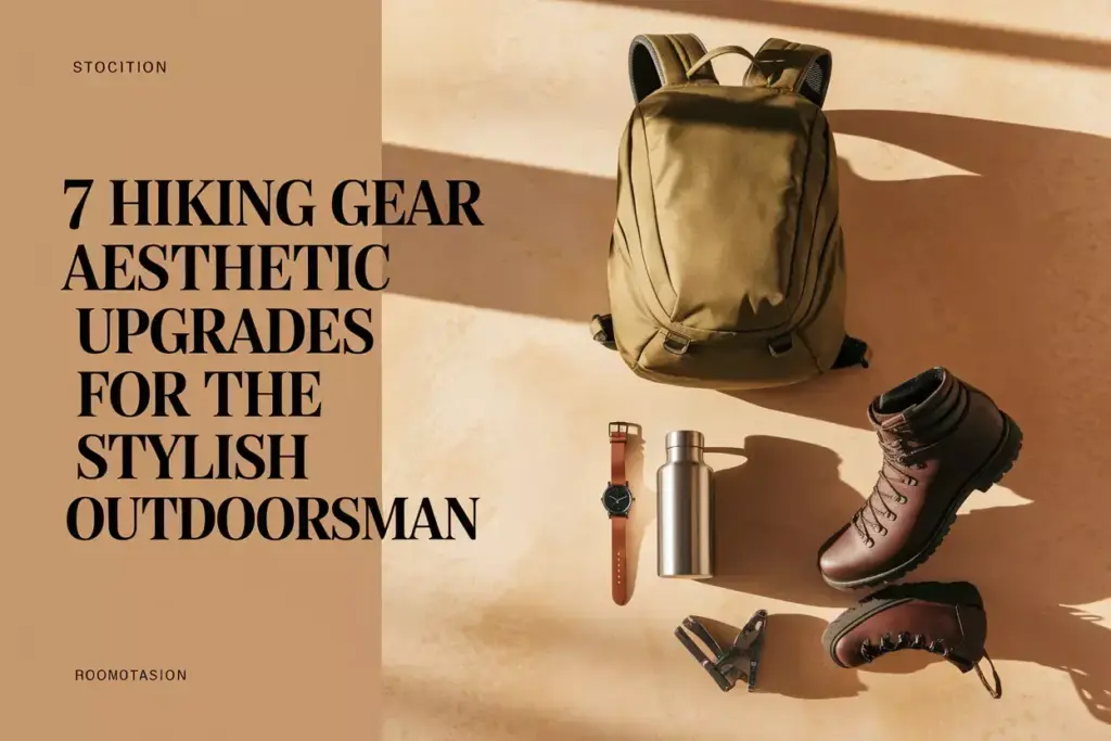 Stylish Hiking Gear Layout With Backpack Boots And Accessories On Neutral Surface