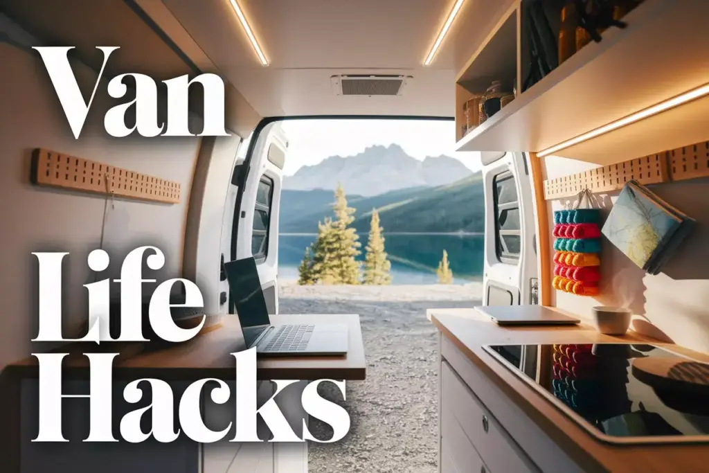 A Sunlit Van Interior Showcasing Organized Storage With A Scenic Mountain Lake View Through The Open Door