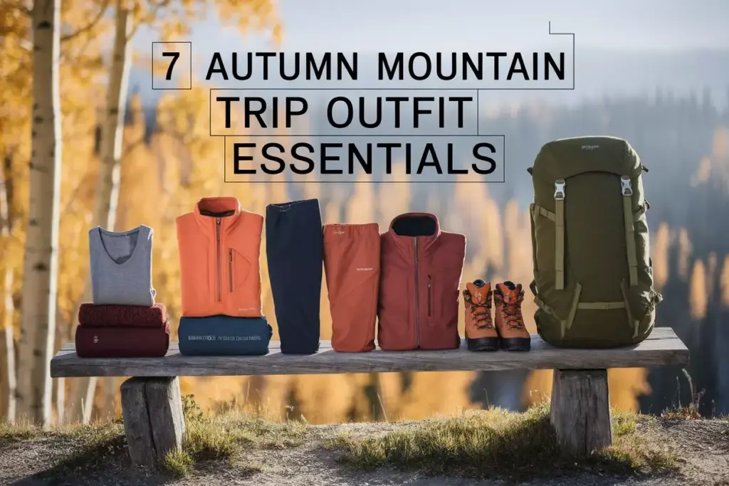 Autumn Mountain Hiking Gear Essentials Laid Out On Bench In Forest