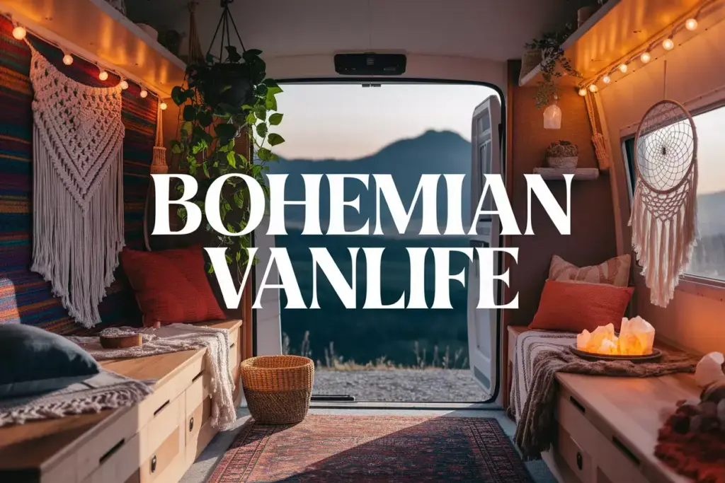 Bohemian Van Interior With Textiles Plants And Warm Lighting At Sunset