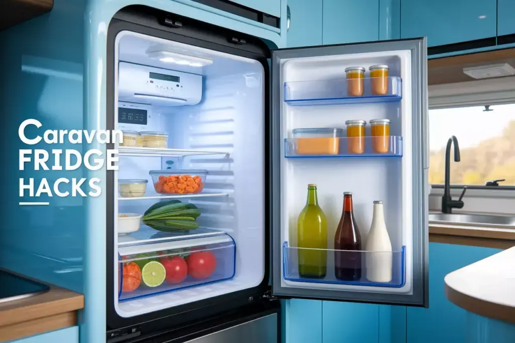Caravan Fridge Interior Organised Cool Blue Tones Modern Kitchen
