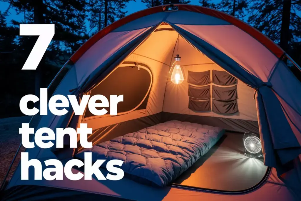 Cozy Organized Tent Interior At Dusk With Comfortable Sleep Setup And Warm Lighting