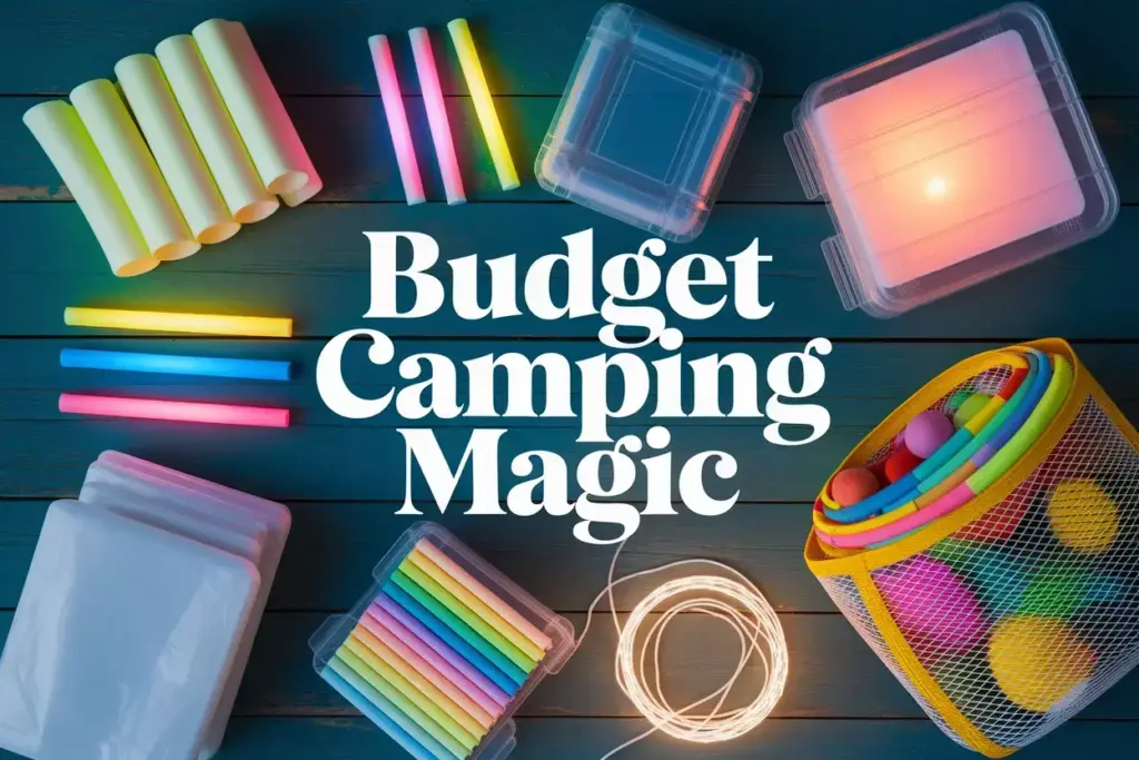 Flat Lay Of Diy Camping Supplies From Dollar Tree With Vivid Colors