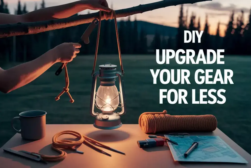 Hands Building Paracord Lantern At Sunset Campsite With Tools And Gear