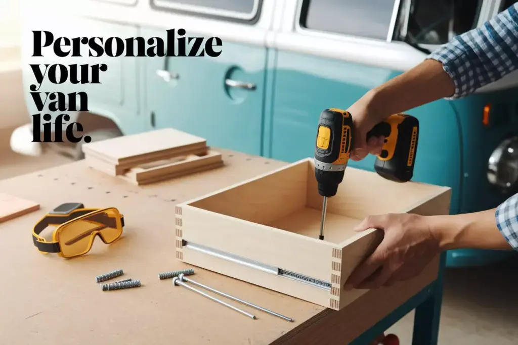Hands Building Wooden Drawer For Custom Van Storage Solution