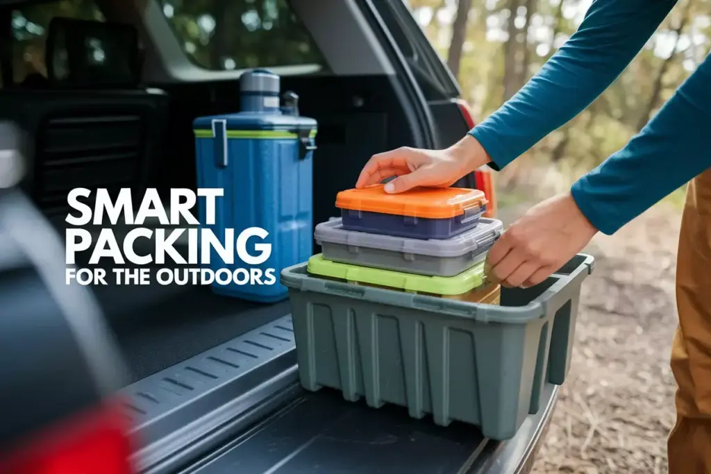 Hands Organizing Color Coded Containers In A Camping Storage Bin Outdoors
