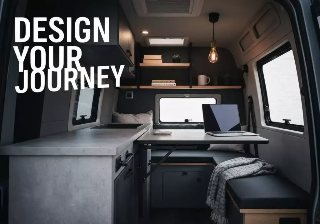 Industrial Modern Van Interior With Fold Down Desk And Edison Bulb Pendant Lighting
